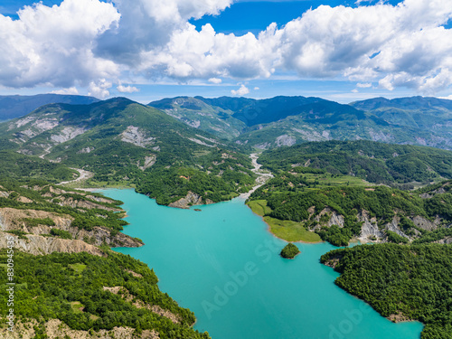 Obraz na płótnie Bovilla Lake and Mountains, Bovilla Reservoir, Tirana, Albania, Europe w salonie