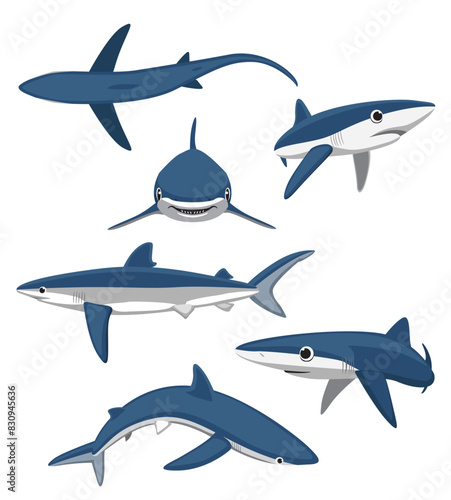 Cute Blue Shark Poses Set Cartoon Vector