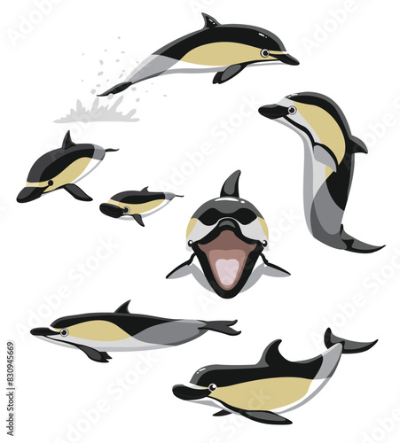 Cute Short-Beaked Common Dolphin Poses Set Cartoon Vector