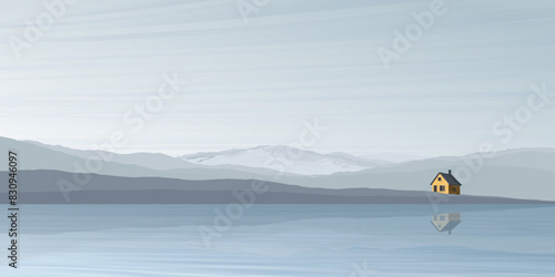 Minimalist countryside landscape in winter season with lake, mountain ranges and country house graphic illustrated have blank space.