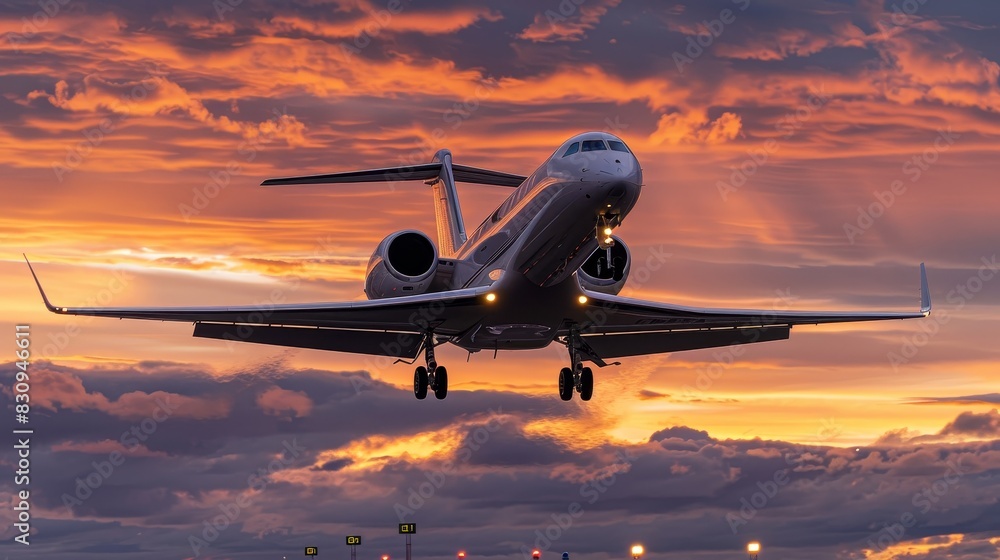 A sleek modern airplane taking off against a dramatic sunset sky, with clouds and runway lights visible, with copy space.