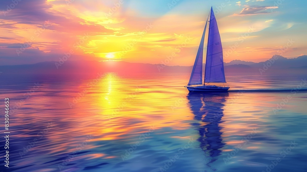 A picturesque sailboat gliding across a calm ocean at sunrise, with vibrant reflections on the water and distant mountains, with copy space.