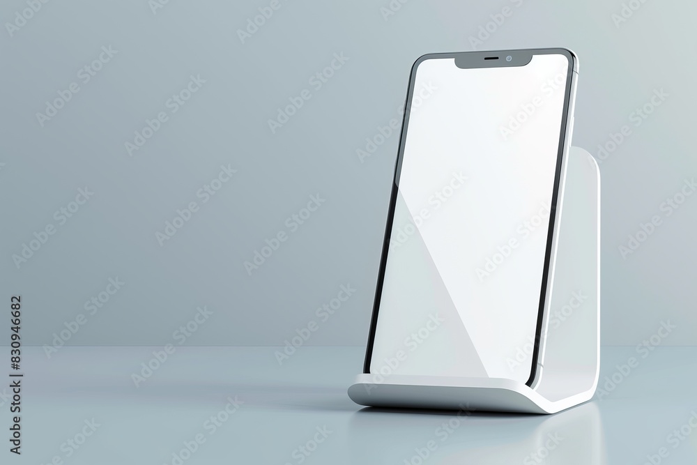 Smartphone with white screen on a bright stand, emphasizing presentation and mockup. 3D illustration Smartphone with white screen on a bright stand, emphasizing presentation and mockup. 3D illustration