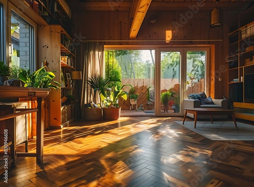 Interior of a modern wooden house with a parquet floor
