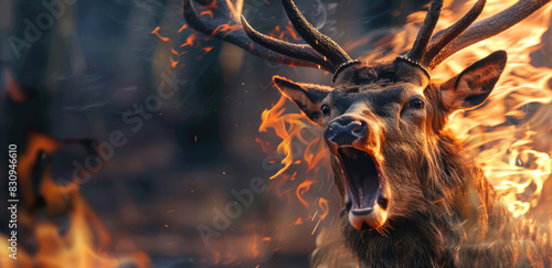 A deer bawling with fire in the background photo