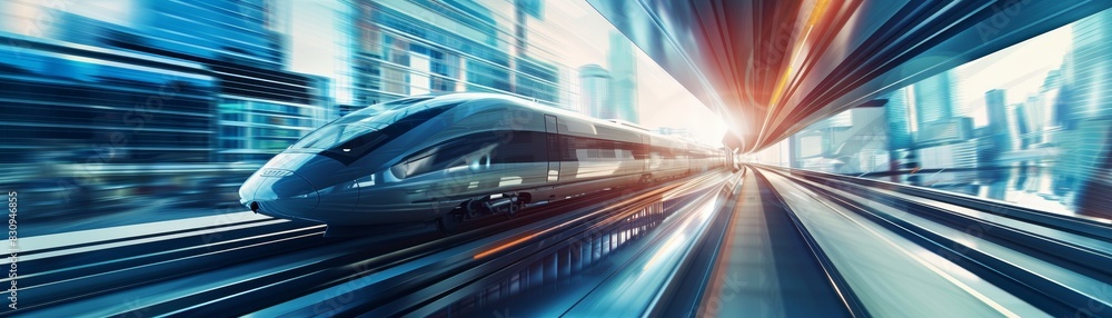 A futuristic high-speed train traveling through a modern urban landscape, with sleek buildings and dynamic motion blur, with copy space.