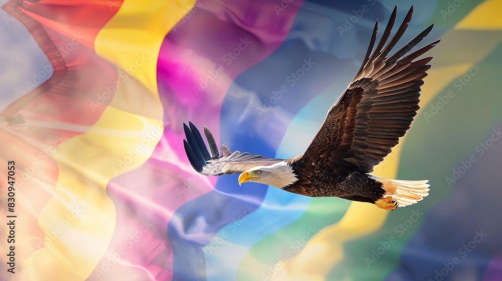 Fototapeta premium Eagle in flight over rainbow silk waves - A bald eagle glides across a backdrop resembling multicolored silk waves, highlighting fluidity and grace