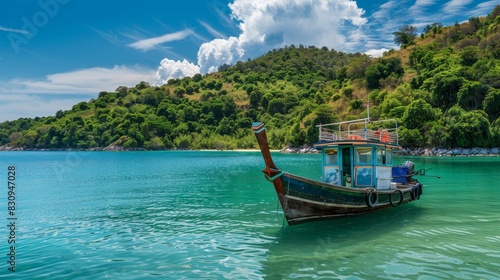 A traditional fishing boat anchored in a serene bay, with crystal-clear waters and lush green hills in the background, with copy space. © vlabcolor