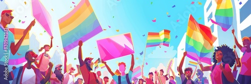Colorful pride parade illustration with joyful crowd - Colorful digital illustration of a pride parade with a joyful crowd holding up LGBTQ banners under a blue sky photo
