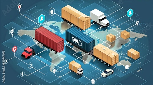 Illustration of global logistics and shipping network, featuring trucks, containers, and connected icons over a world map. © Karen