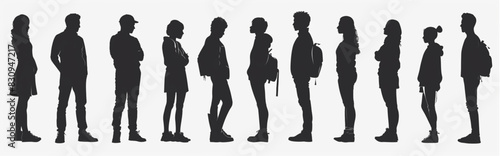silhouette of people standing in various poses, full body view, white background, vector illustration, flat design, high resolution, highly detailed,