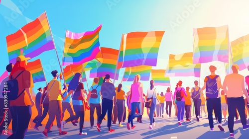 Illustrated LGBTQ pride march with colorful flags - A dynamic and colorful illustration of a crowd celebrating LGBTQ pride with multiple rainbow flags