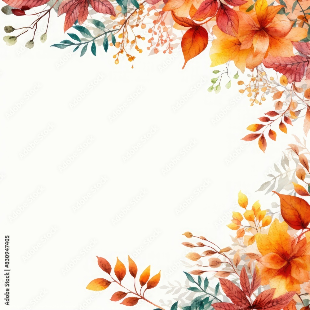 Watercolor autumn leaves and branches border frame on white background.