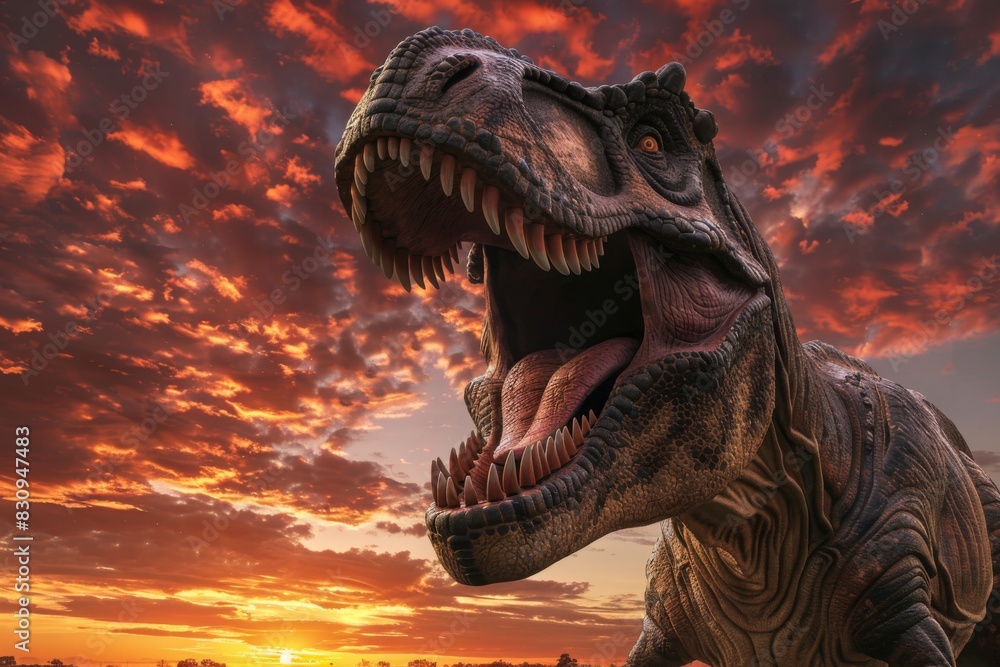 Tyrannosaurus rex roaring with rising sun in wild nature Tyrannosaurus rex roaring with rising sun in wild nature