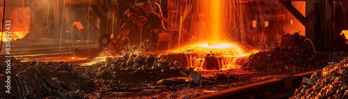 A dramatic scene of a steel mill with molten metal being poured, intense heat, and industrial equipment, with copy space.