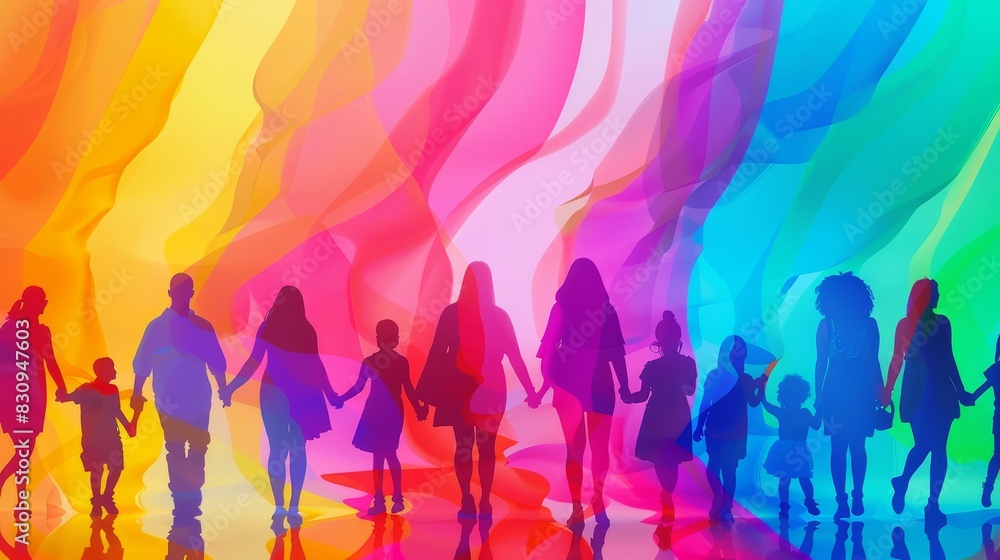 Vibrant silhouettes against a rainbow gradient - A richly colored background highlights silhouettes of people connected in a unified line representing cultural diversity Vibrant silhouettes against a rainbow gradient - A richly colored background highlights silhouettes of people connected in a unified line representing cultural diversity