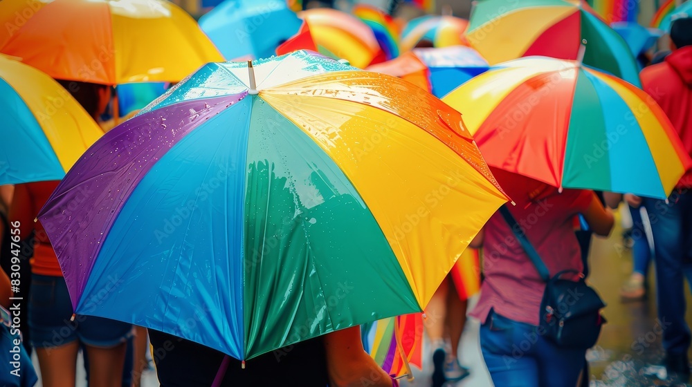 Colorful umbrellas during a street event - A stunning display of bright, multi-colored umbrellas in a crowd during a lively street event