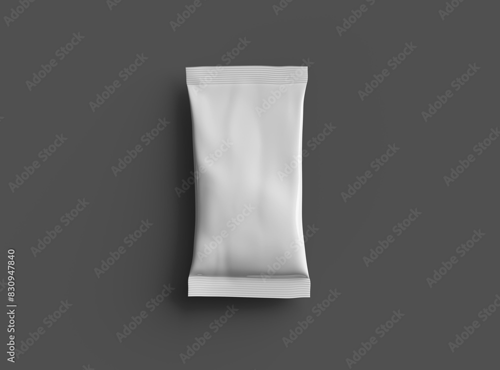 3D packaging render of pillow food snack bag isolated on a dark background. 3D packaging render of pillow food snack bag isolated on a dark background.