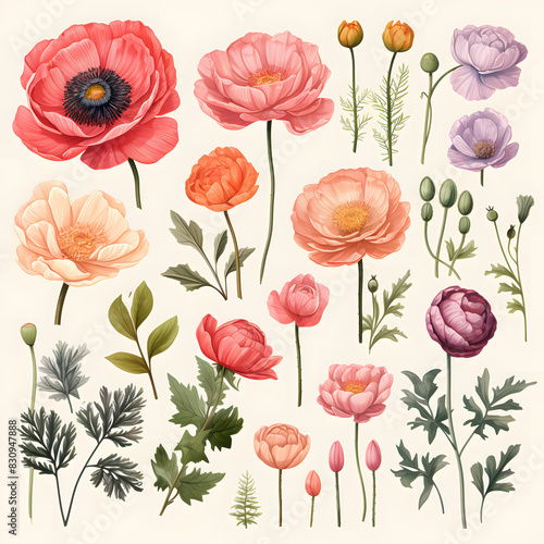 set of Ranunculus, plants, leaves and flowers. illustrations of beautiful realistic flowers for background, pattern or wedding invitations
