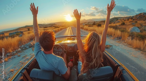 A couple with raised hands in a convertible car driving towards a stunning sunset, embodying freedom and happiness photo