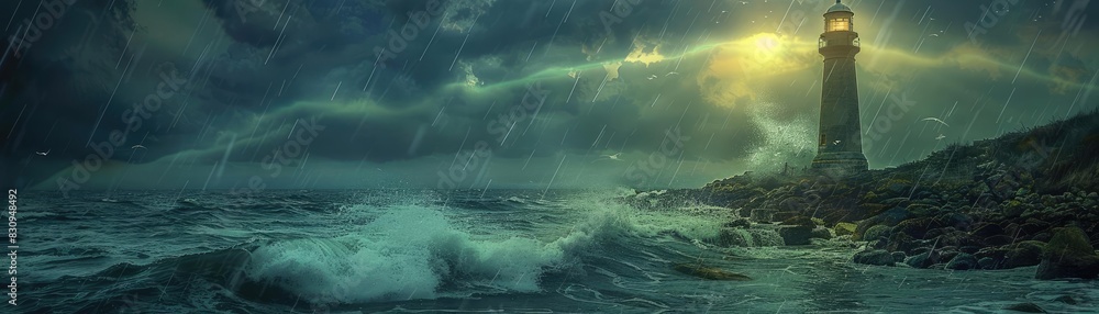 Fototapeta premium Stormy night with striking lighthouse beacon guiding sailors through turbulent ocean waves, under dramatic, dark sky.