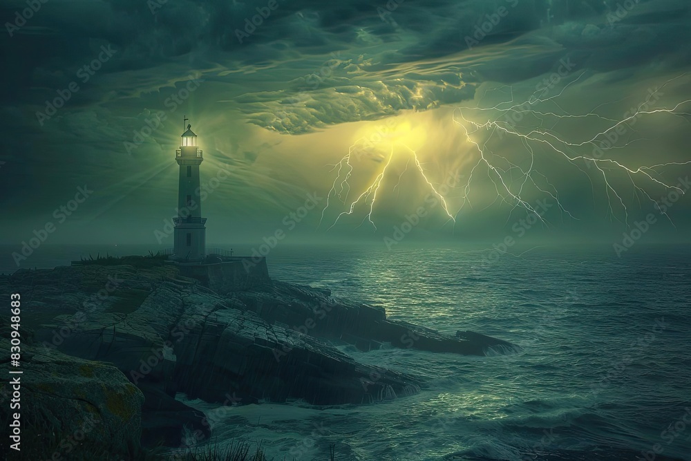 Dramatic image of a lighthouse standing tall amidst a stormy sky with lightning illuminating the dark clouds over a turbulent sea.