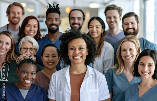 A group of diverse medical professionals  including doctors and nurses from various ages and ethnicities  posed for the camera with smiles on their faces in a front view.