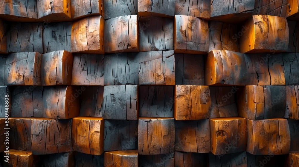Warm light highlights the textures on the stacked wooden blocks forming an abstract pattern
