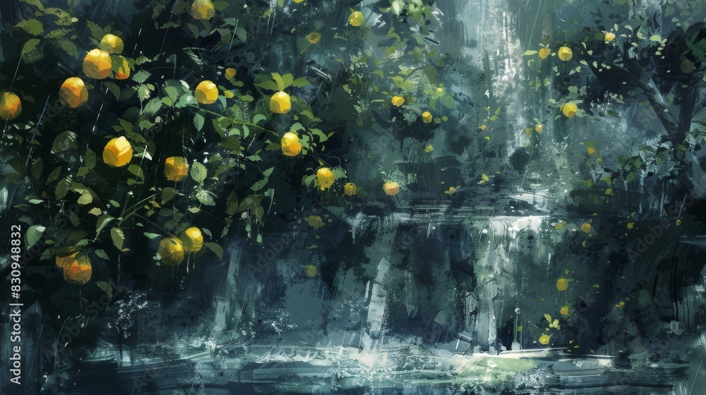 A painting of a waterfall with a bunch of oranges hanging from the trees