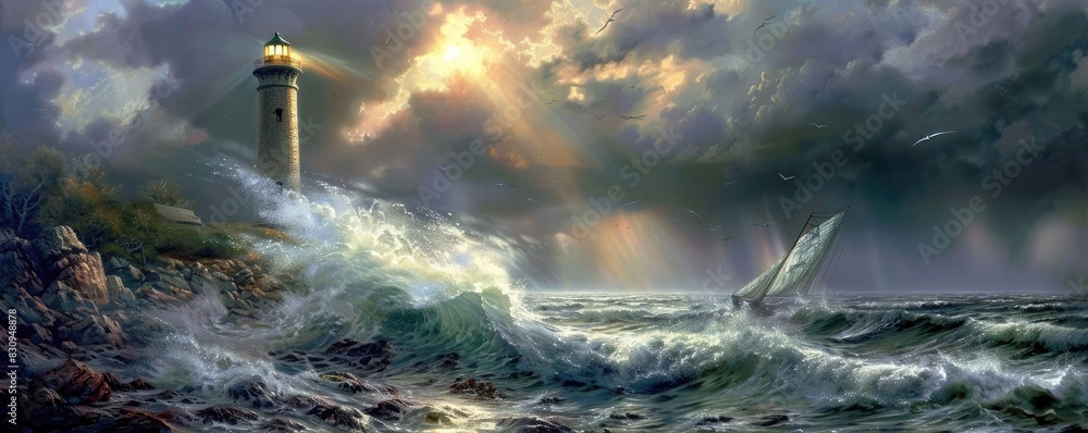 Majestic lighthouse standing tall amidst a stormy sea, symbolizing ...