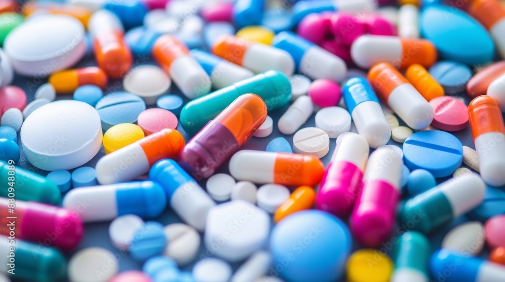 A macro shot of various colorful pills and capsules scattered across a surface, representing modern medicine and pharmaceuticals, with copy space. A macro shot of various colorful pills and capsules scattered across a surface, representing modern medicine and pharmaceuticals, with copy space.