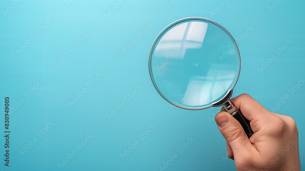 Hand Holding Magnifying Glass Against Blue Background for Inspection Hand Holding Magnifying Glass Against Blue Background for Inspection