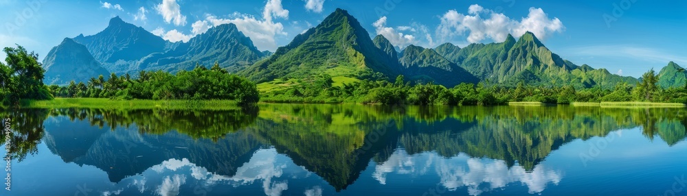 A picturesque scene of a mountain range reflected perfectly in a tranquil lake, with clear blue skies and lush greenery, with copy space.