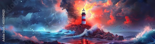 Dramatic seascape with a lighthouse, vibrant stormy sky, and roaring ocean waves, creating a vivid and captivating coastal scene. photo
