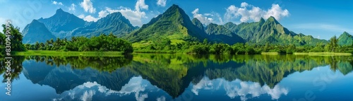 A picturesque scene of a mountain range reflected perfectly in a tranquil lake, with clear blue skies and lush greenery, with copy space.