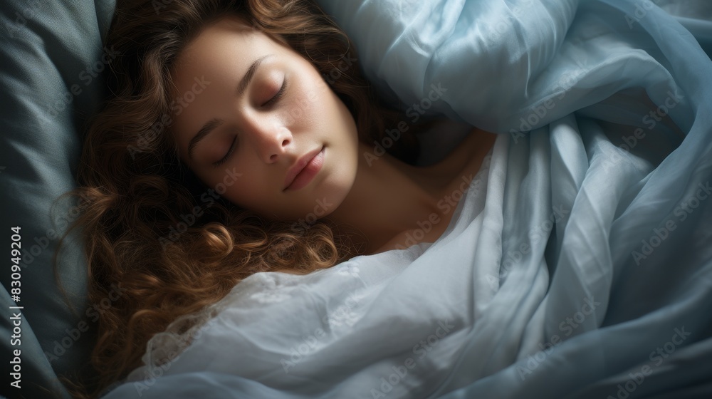 Peaceful young woman sleeping in soft blue sheets, with curly hair and serene expression, enjoying a restful slumber. Peaceful young woman sleeping in soft blue sheets, with curly hair and serene expression, enjoying a restful slumber.