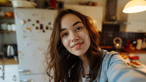 Woman in great mood takes selfie in kitchen. Portrait of brown-eyed girl