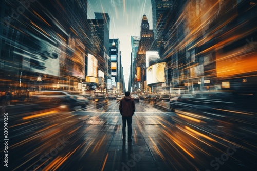 Person standing in the middle of a bustling city street with motion blur from passing traffic and vibrant neon lights at night.