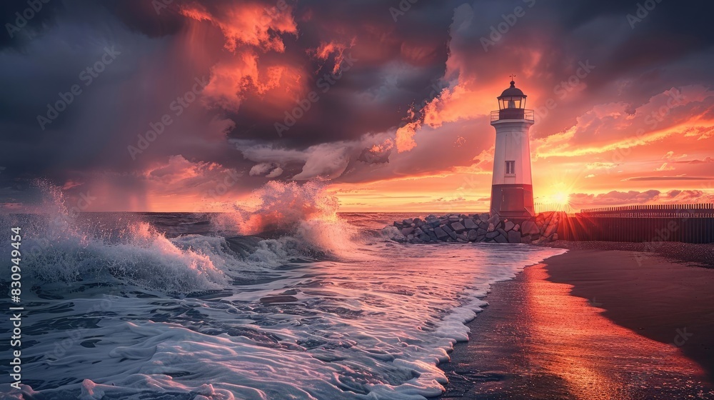 Dramatic lighthouse scene at sunset with crashing waves and vibrant sky, showcasing the beauty of nature and maritime life.