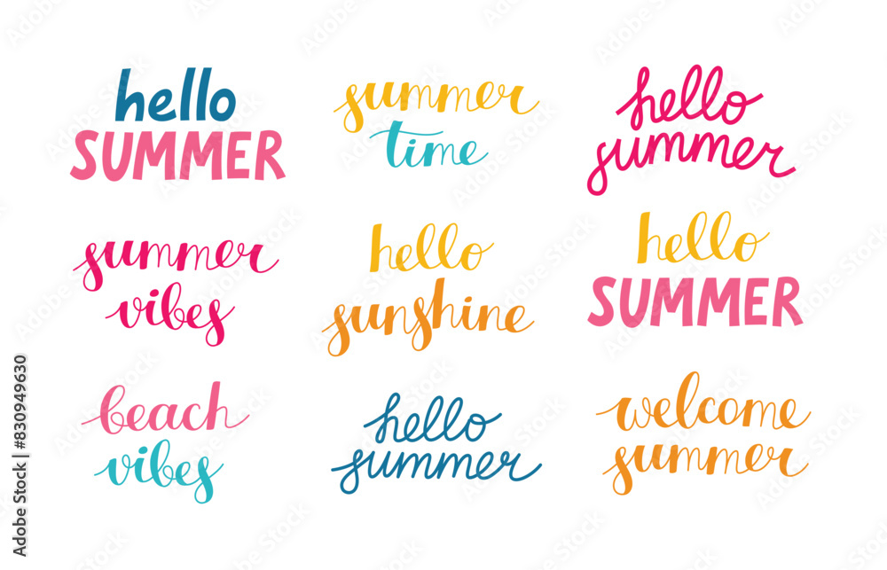 Summer lettering set. Collection of various hand drawn seasonal lettering Summer lettering set. Collection of various hand drawn seasonal lettering