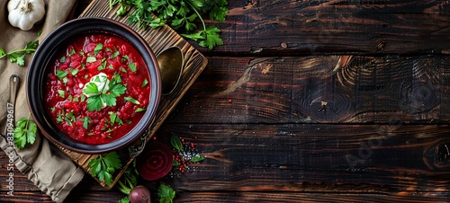 Red beet soup with sour cream. Ukrainian cuisine, borscht. View from above. place for text. 