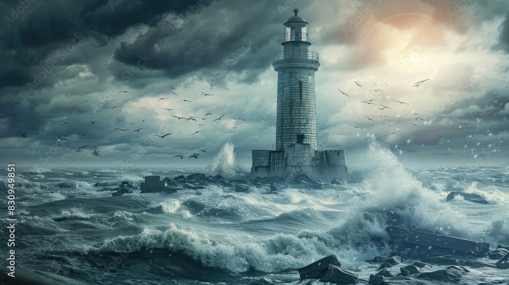 Dramatic lighthouse stands resilient amid stormy seas, under a cloudy sky with seagulls soaring above. Epic display of nature's power and beauty.