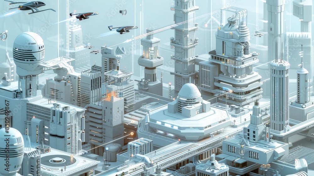 A detailed illustration of a futuristic city with towering structures, flying cars, and interconnected networks, highlighting advanced architecture, with copy space. A detailed illustration of a futuristic city with towering structures, flying cars, and interconnected networks, highlighting advanced architecture, with copy space.
