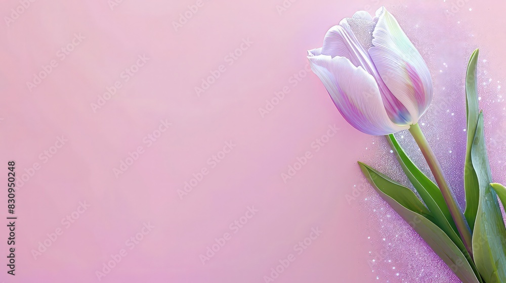 Fototapeta premium A blush pink backdrop featuring a soft lavender tulip in the lower right corner, with a dusting of iridescent glitter creating a dreamy feel for a Women's Day event.
