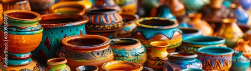 A vibrant collection of handmade pottery and crafts displayed at a local cultural fair, highlighting traditional artistry, with copy space.