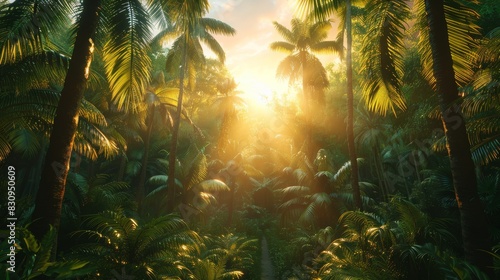 A breathtaking sunrise peeks through the dense foliage of a tropical rainforest  casting warm light