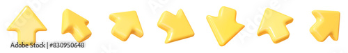 3d set of yellow click cursor icon. Mouse arrows pointing in different directions. Stock vector illustration on isolated background.