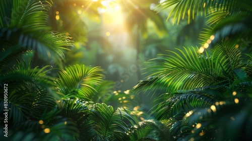 Early morning light bathes a tropical forest in a soft glow  illuminating the intricate palm fronds