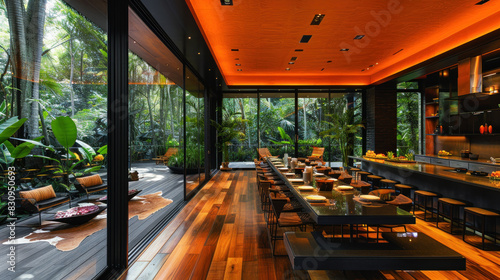 Natural orange shade dining room of a house resort by lush jungle