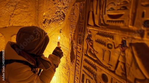 Backpacker deciphering hieroglyphs in an Egyptian tomb, close-up on torchlight and enigmatic symbols  photo